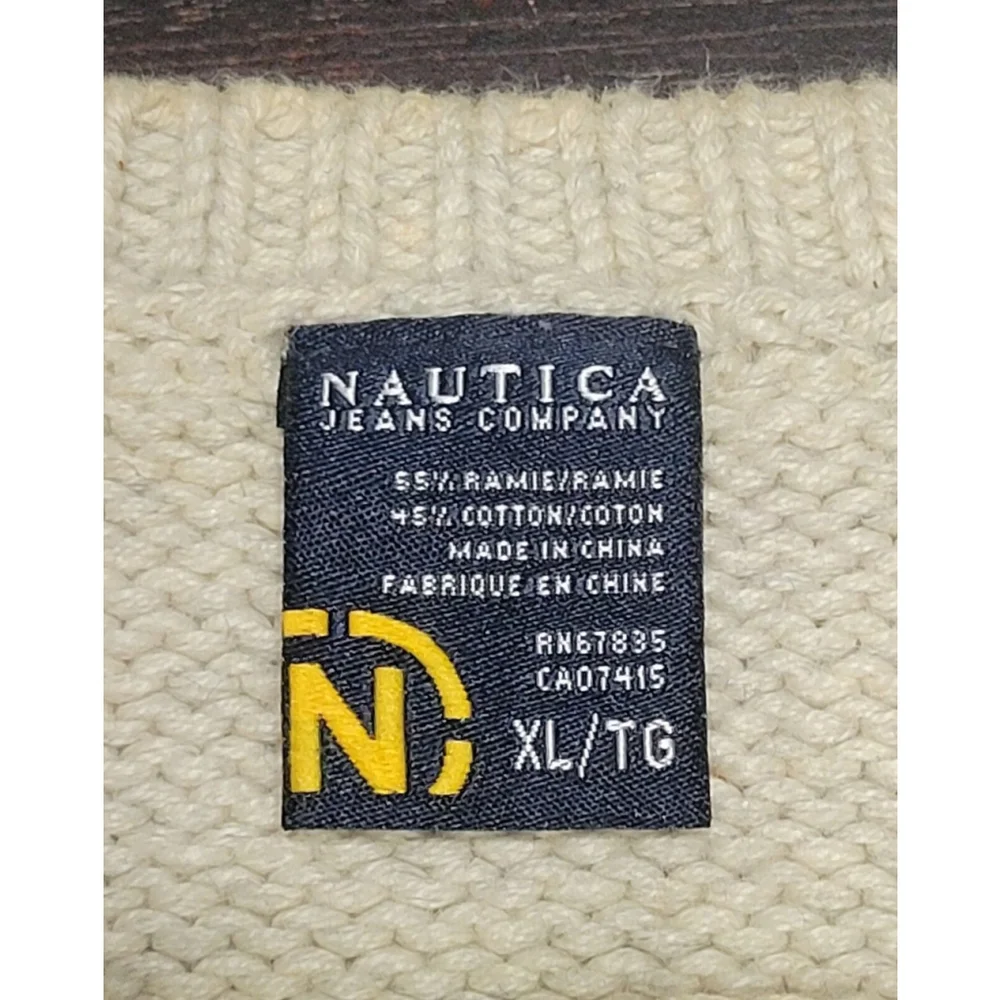 Vintage 90s Nautica Jeans Striped Oatmeal Blue Patch Knit Men's XL Sweater